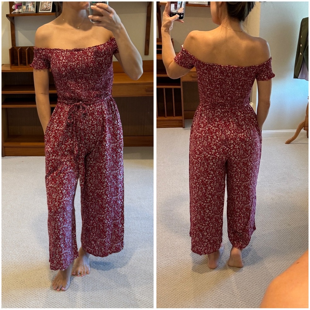 Lulu's Red Floral Off-Shoulder Jumpsuit